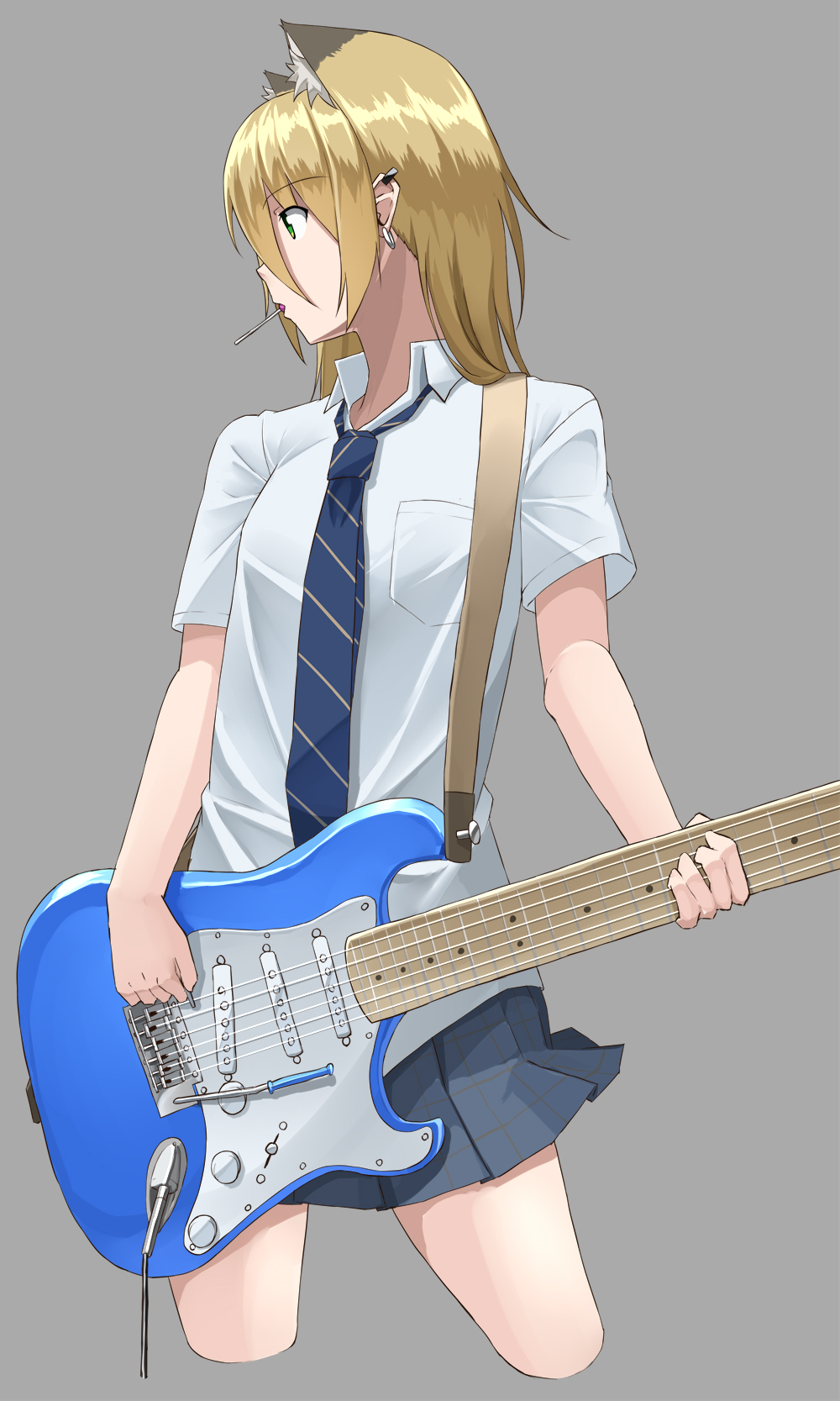 1girl animal_ear_fluff animal_ears arai_kogane bangs blonde_hair blue_necktie blue_skirt candy chupa_chups collared_shirt commentary_request diagonal-striped_necktie earrings food food_in_mouth green_eyes grey_background guitar highres holding holding_instrument instrument jewelry lollipop long_hair music necktie original playing_instrument pocket school_uniform shirt short_sleeves simple_background skirt solo white_shirt