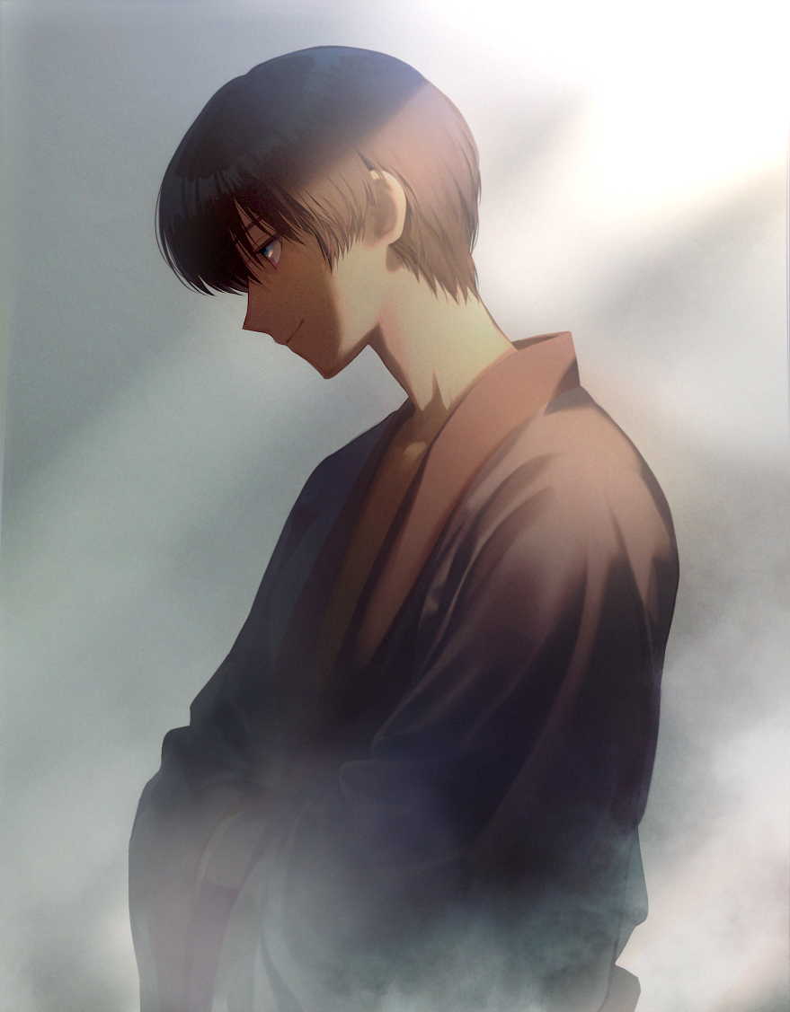 1boy brown_hair closed_mouth crossed_arms grey_kimono japanese_clothes kimono male_focus okurase profile red_eyes rurouni_kenshin seta_soujirou short_hair smile solo upper_body