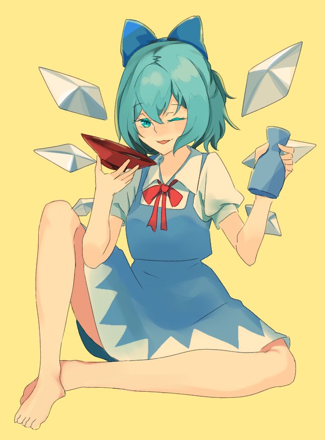 1girl alcohol barefoot blue_bow blue_dress blue_eyes blue_hair bottle bow cirno collared_shirt cup dress feet hair_between_eyes hair_bow holding holding_bottle holding_cup ice ice_wings neck_ribbon one_eye_closed open_mouth red_ribbon ribbon sakazuki sake sake_bottle shirt short_hair simple_background sitting solo tohoyuukarin touhou white_shirt wings