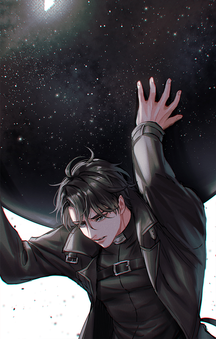 1boy arms_up aura_draws bangs black_coat black_hair black_shirt black_theme chromatic_aberration coat commentary english_commentary grey_eyes holding_orb joonghyuk_yoo long_sleeves male_focus night night_sky omniscient_reader's_viewpoint open_clothes open_coat orb shirt short_hair simple_background sky solo standing star_(sky) starry_sky upper_body white_background