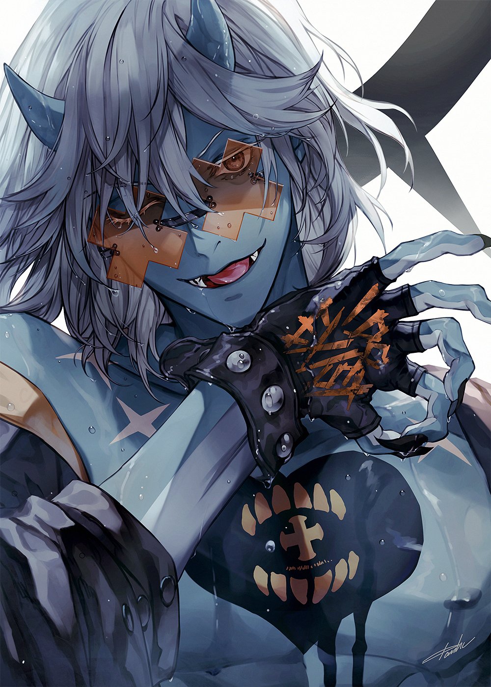1boy bare_shoulders black_gloves blue_skin brown_eyes chest_tattoo clothes_writing collarbone colored_skin cross danhu dark_halo dripping eyelashes fingerless_gloves fingernails glasses gloves grey_hair grey_skin guilty_gear guilty_gear_strive hair_between_eyes halo happy_chaos heart highres horns long_fingernails looking_at_viewer male_focus medium_hair nipples one_eye_closed open_mouth orange-tinted_eyewear sharp_fingernails signature simple_background single_bare_shoulder smile solo tattoo teeth tinted_eyewear tongue upper_body very_long_fingernails wet white_background x