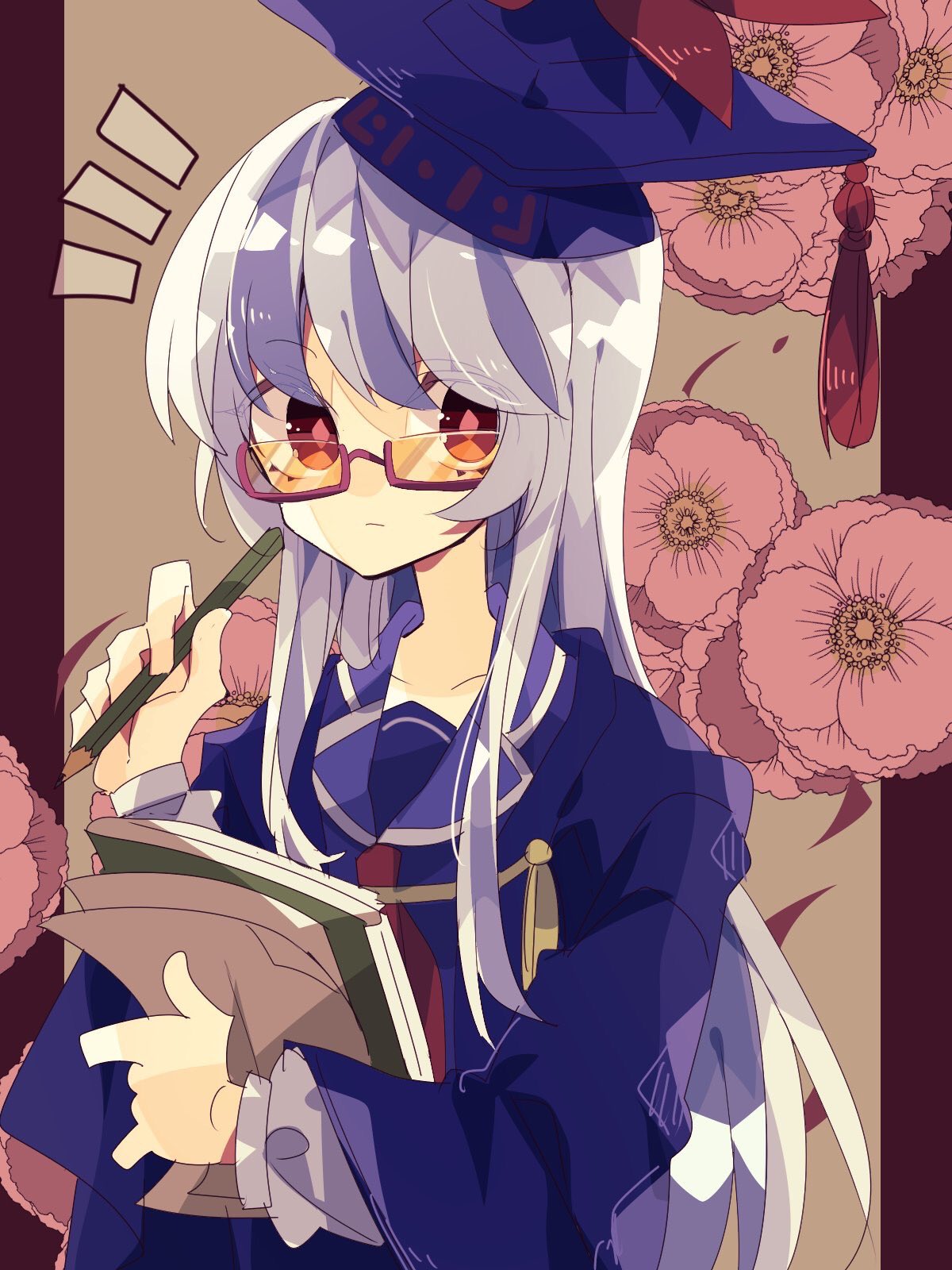 1girl adapted_costume bangs bespectacled blue_hair blue_headwear blue_shirt book closed_mouth collared_shirt commentary flower glasses hat highres holding holding_book holding_pencil kamishirasawa_keine light_blue_hair long_hair long_sleeves looking_at_viewer nikorashi-ka notice_lines one-hour_drawing_challenge pencil pink_flower red-framed_eyewear red_eyes semi-rimless_eyewear shirt solo tokin_hat touhou under-rim_eyewear upper_body