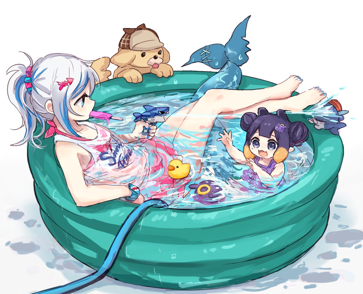 aged_down bangs bloop_(gawr_gura) blue_eyes blue_hair bubba_(watson_amelia) fish_tail gawr_gura hair_ornament hairband hololive hololive_english long_hair multicolored_hair multiple_girls ninomae_ina'nis open_mouth pointy_ears purple_hair rubber_duck shark_tail streaked_hair swimsuit tail takodachi_(ninomae_ina'nis) tentacle_hair virtual_youtuber wading_pool water water_gun white_hair yuuyu_(777)