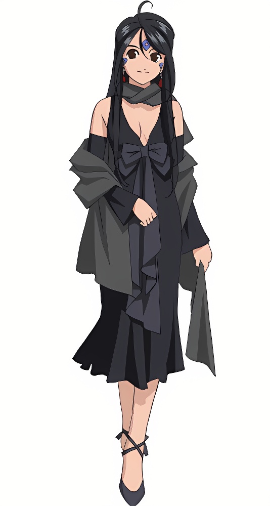 aa_megami-sama age_progression aged_up ahoge bangs bare_shoulders black_dress black_footwear black_hair breasts brown_eyes cleavage dark_hair earrings evening_dress evening_gown eyebrows facial_mark facial_markings flowing_hair forehead_mark goddess hair_between_eyes looking_to_the_side official_art ribbon ribbon-trimmed_clothes scarf shoes skuld skuld_(aa_megami-sama) smiling stole tall_female woman young