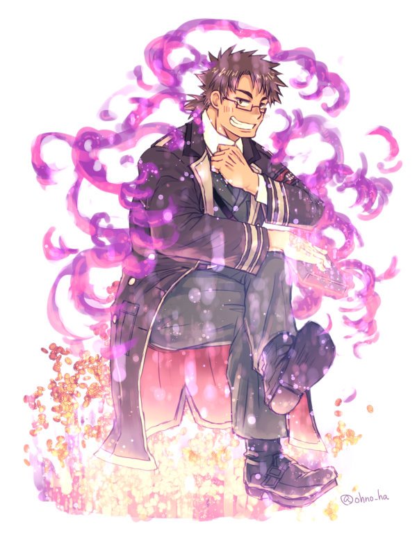 1boy blush book boots coin commentary_request crossed_legs fire formal full_body glasses green_pants grin holding holding_book jacket licht_(housamo) male_focus ono_(ohno_ha) pants ponytail purple_fire semi-rimless_eyewear short_hair sitting smile solo suit tokyo_afterschool_summoners twitter_username white_background