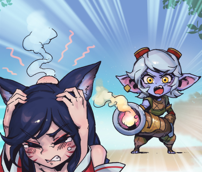 2girls ahri_(league_of_legends) bangs blush brown_vest closed_eyes colored_skin emphasis_lines facial_mark fang full_body goggles goggles_on_head grey_skin holding holding_weapon injury league_of_legends multiple_girls open_mouth phantom_ix_row pointy_ears rocket_launcher scared shiny shiny_hair standing tearing_up tristana vest weapon whisker_markings yellow_eyes yordle