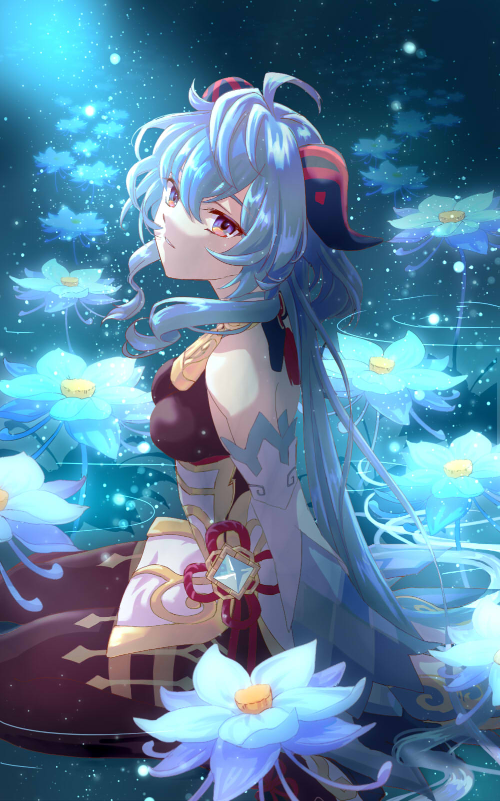 1girl ahoge bangs bare_shoulders bell black_pantyhose blue_flower blue_hair breasts chinese_knot detached_sleeves flower flower_knot from_side ganyu_(genshin_impact) genshin_impact glaze_lily gold_trim highres horns long_hair looking_at_viewer medium_breasts moonlight neck_bell night osanpo1234 pantyhose partially_submerged seiza sidelocks sitting solo thighlet violet_eyes vision_(genshin_impact) white_sleeves