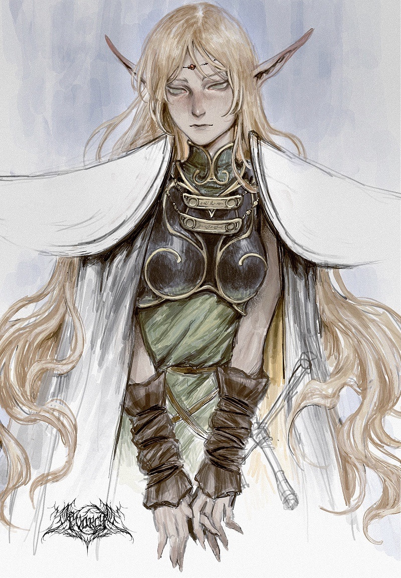 1girl armor blonde_hair breastplate cape circlet deedlit elf evorcy green_eyes long_hair long_pointy_ears nose pauldrons pointy_ears record_of_lodoss_war shoulder_armor simple_background solo upper_body very_long_hair white_background