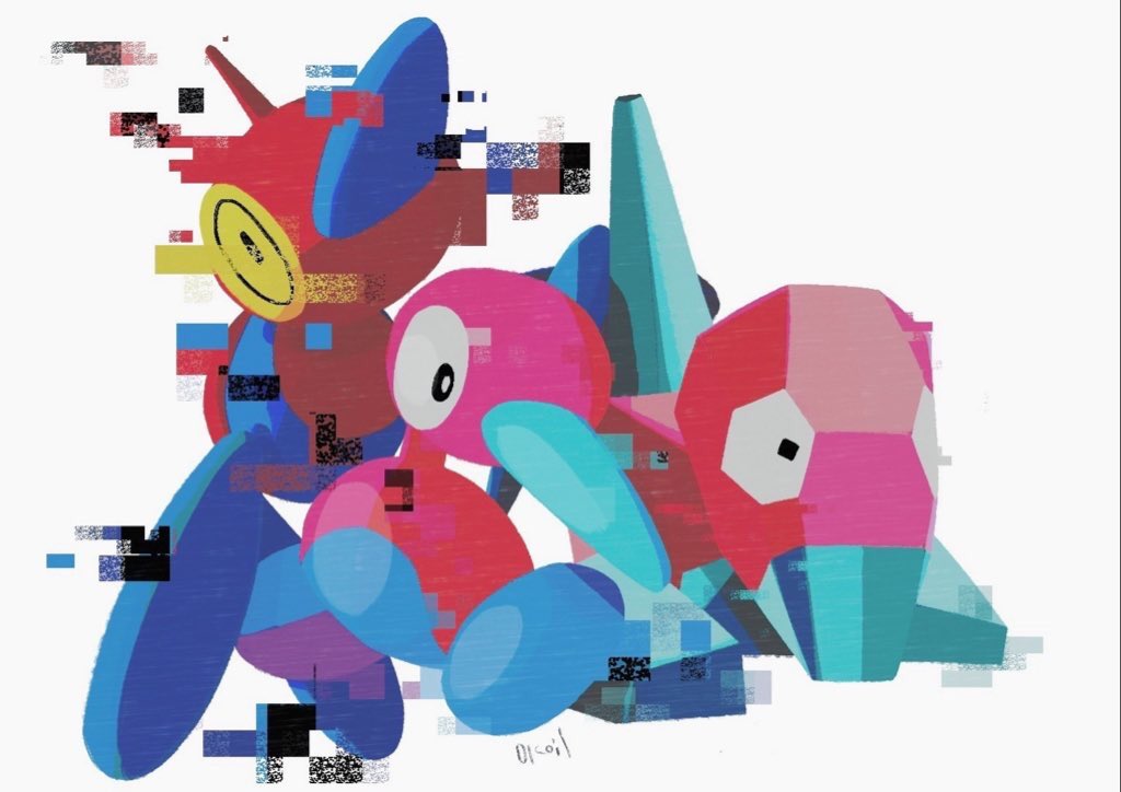 01coil black_eyes bright_pupils commentary_request evolutionary_line glitch looking_down no_humans pokemon pokemon_(creature) porygon porygon-z porygon2 signature white_background white_pupils yellow_eyes