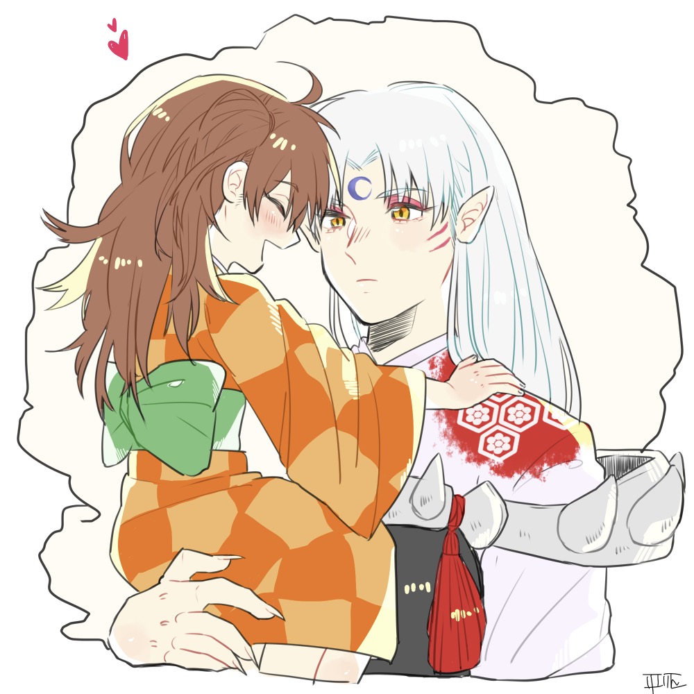 1boy 1girl awarinko bangs blush brown_hair carrying checkered_clothes checkered_kimono child_carry closed_mouth commentary crescent crescent_facial_mark facial_mark female_child fingernails heart inuyasha japanese_clothes kimono obi open_mouth pointy_ears rin_(inuyasha) sash sesshoumaru sharp_fingernails symbol-only_commentary yellow_eyes