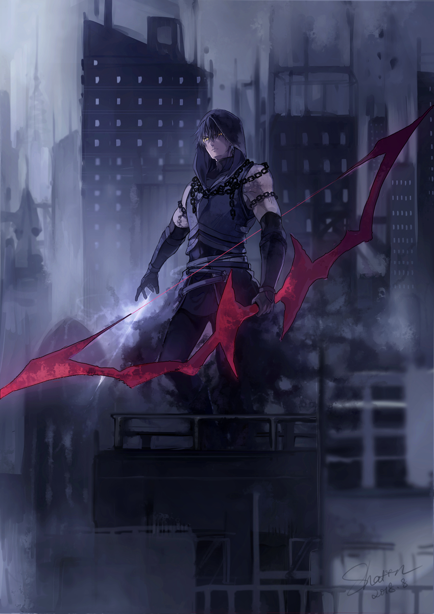 1boy alter_servant alternate_costume alternate_hair_color alternate_skin_color arash_(fate) armor arrow_(projectile) bangs black_gloves black_hair black_hood black_pants bow_(weapon) breastplate chain city cityscape closed_mouth corruption dark_persona dated expressionless fate/grand_order fate/prototype fate/prototype:_fragments_of_blue_and_silver fate_(series) gauntlets gloves glowing_arrow high_collar highres holding holding_bow_(weapon) holding_weapon hood hood_up looking_at_viewer male_focus pale_skin pants shatin_(pomelomcp) short_hair signature solo standing urban weapon yellow_eyes