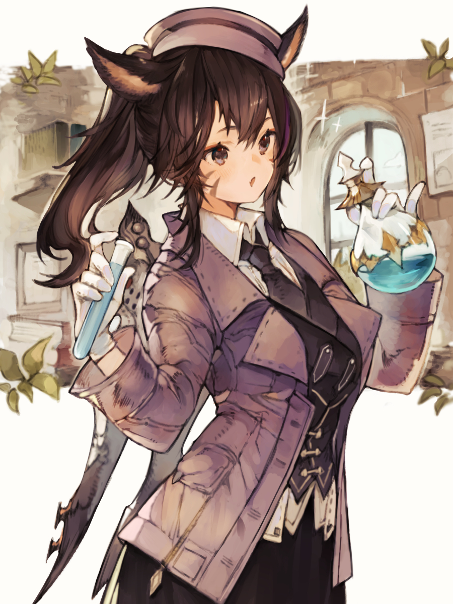 1girl :o animal_ears avatar_(ff14) bangs black_necktie black_skirt black_vest book book_stack brown_eyes brown_hair cat_ears collared_shirt commentary commission cowboy_shot facial_mark final_fantasy final_fantasy_xiv flask from_side gloves hands_up hat highres holding holding_flask indoors jacket kemomin_nosuke lapels leaf medium_hair miqo'te necktie open_mouth pink_headwear pink_jacket pinky_out pocket ponytail shirt skeb_commission skirt solo sparkle standing stone_wall vest vial wall weapon weapon_on_back white_background white_gloves white_shirt window