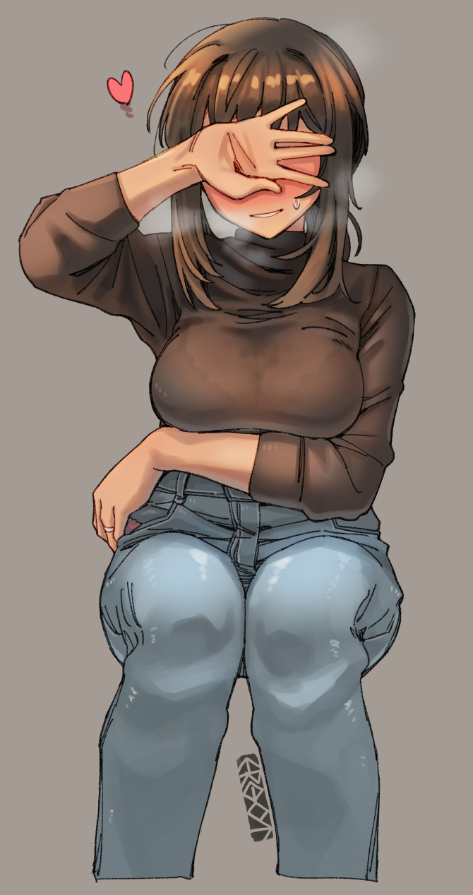 1girl black_sweater blue_pants blush breasts brown_background brown_hair covering_eyes denim ergot fubuki_(kancolle) highres jeans kantai_collection large_breasts long_sleeves low_ponytail nose_blush pants ponytail short_ponytail sidelocks sitting solo sweater