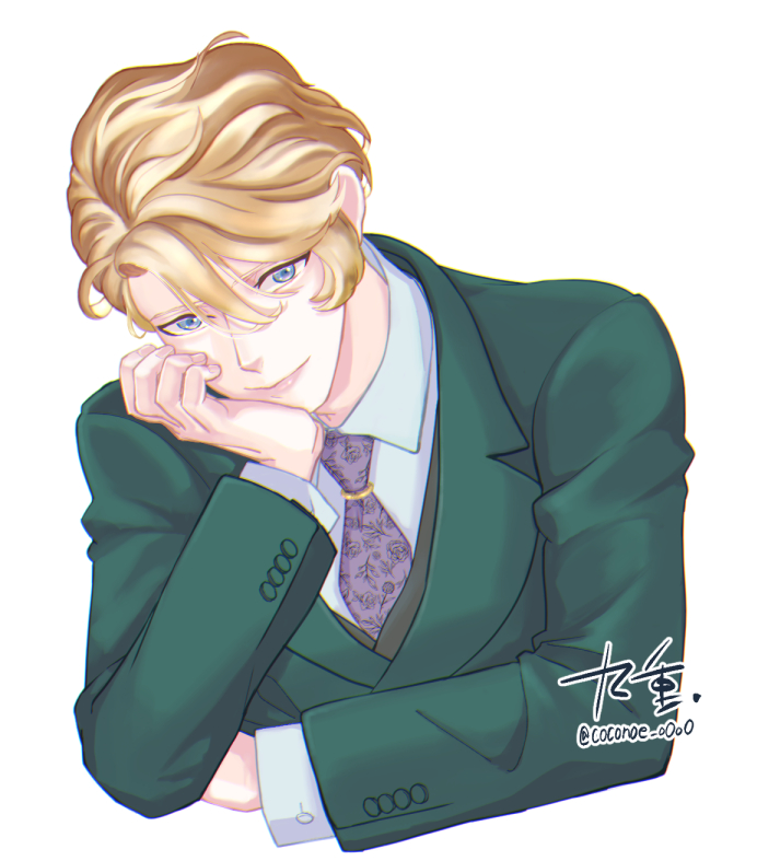 1boy blonde_hair blue_eyes coconoe_o0o0 floral_print formal green_suit grey_necktie hair_between_eyes head_rest hosekisho_richard-shi_no_nazo_kantei leaning_forward long_sleeves looking_at_viewer male_focus necktie richard_ranashinha_de_vulpian shirt short_hair simple_background smile solo suit twitter_username upper_body white_background white_shirt