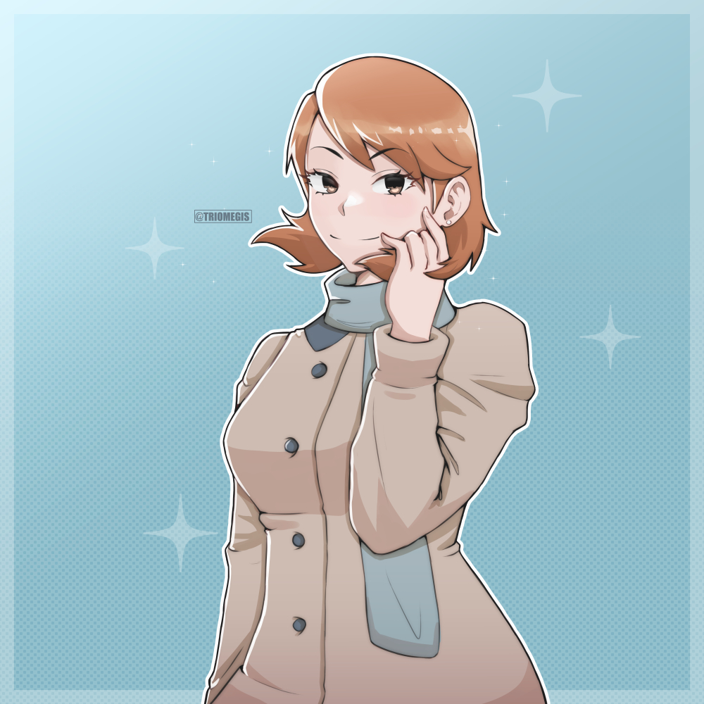 1girl bangs blue_background blue_scarf breasts brown_eyes brown_hair brown_jacket closed_mouth commission cowboy_shot ear_piercing english_commentary hand_up jacket long_sleeves looking_at_viewer medium_breasts patterned_background persona persona_3 piercing scarf solo swept_bangs takeba_yukari triomegis twitter_username