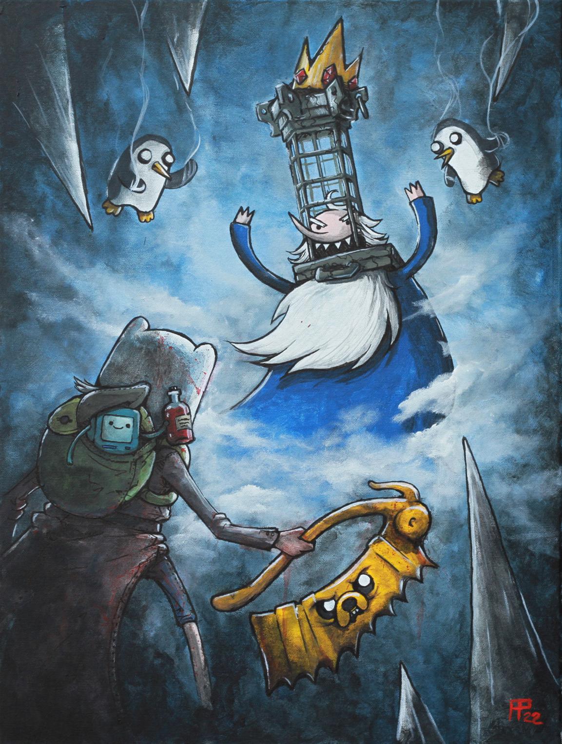 2boys :d adventure_time animal arms_up backpack bag beard bird bloodborne blue_robe bmo cage cosplay crown facial_hair finn_the_human fog full_body gunter_(adventure_time) hat highres holding holding_weapon hunter_(bloodborne) hunter_(bloodborne)_(cosplay) ice_king jake_the_dog long_nose long_sleeves micolash_host_of_the_nightmare micolash_host_of_the_nightmare_(cosplay) multiple_boys pants penguin reallydensefood robe saw_cleaver shirt smile stalactite stalagmite teeth weapon white_headwear
