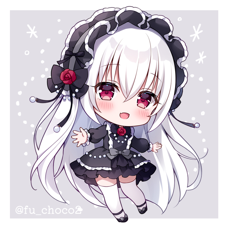 1girl :d bangs black_bow black_dress black_footwear black_hairband blush bow chibi commentary_request dress fang flower frilled_hairband frills full_body grey_background hair_between_eyes hairband long_hair long_sleeves looking_at_viewer mitsuba_choco original puffy_long_sleeves puffy_sleeves red_eyes red_flower red_rose rose shoes smile solo thigh-highs twitter_username two-tone_background very_long_hair white_background white_hair white_thighhighs