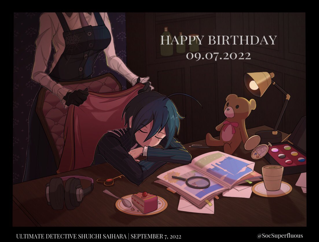 1boy 1girl ahoge apron bangs black_apron black_border black_gloves black_jacket book border bottle breasts cake chair character_name closed_eyes collared_shirt commentary_request cup danganronpa_(series) danganronpa_v3:_killing_harmony dated envelope food gloves hair_between_eyes happy_birthday headphones jacket lamp large_breasts magnifying_glass necktie open_book pink_ribbon ribbon saihara_shuuichi shiny shiny_hair shirt sitting soshu_(socsuperfluous) striped striped_jacket stuffed_animal stuffed_toy teddy_bear toujou_kirumi white_shirt