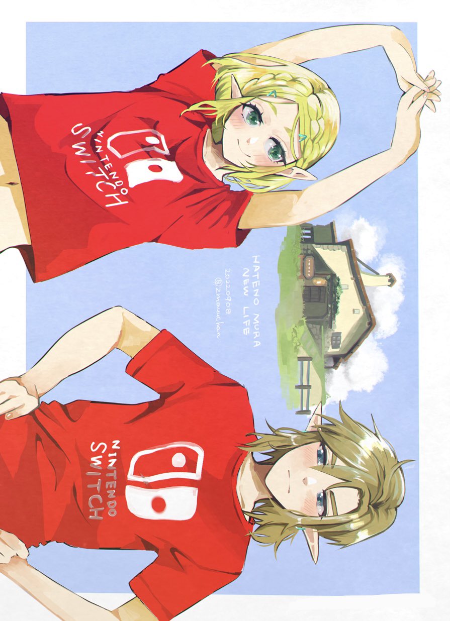 1boy 1girl 2022 arms_up bangs blonde_hair blue_eyes blush closed_mouth commentary dated english_text green_eyes hair_between_eyes hair_ornament hairclip hands_on_hips highres house link looking_at_another navel nintendo_switch_shirt pointy_ears princess_zelda red_shirt shirt short_sleeves smile the_legend_of_zelda the_legend_of_zelda:_breath_of_the_wild the_legend_of_zelda:_breath_of_the_wild_2 twitter_username zmauuchan