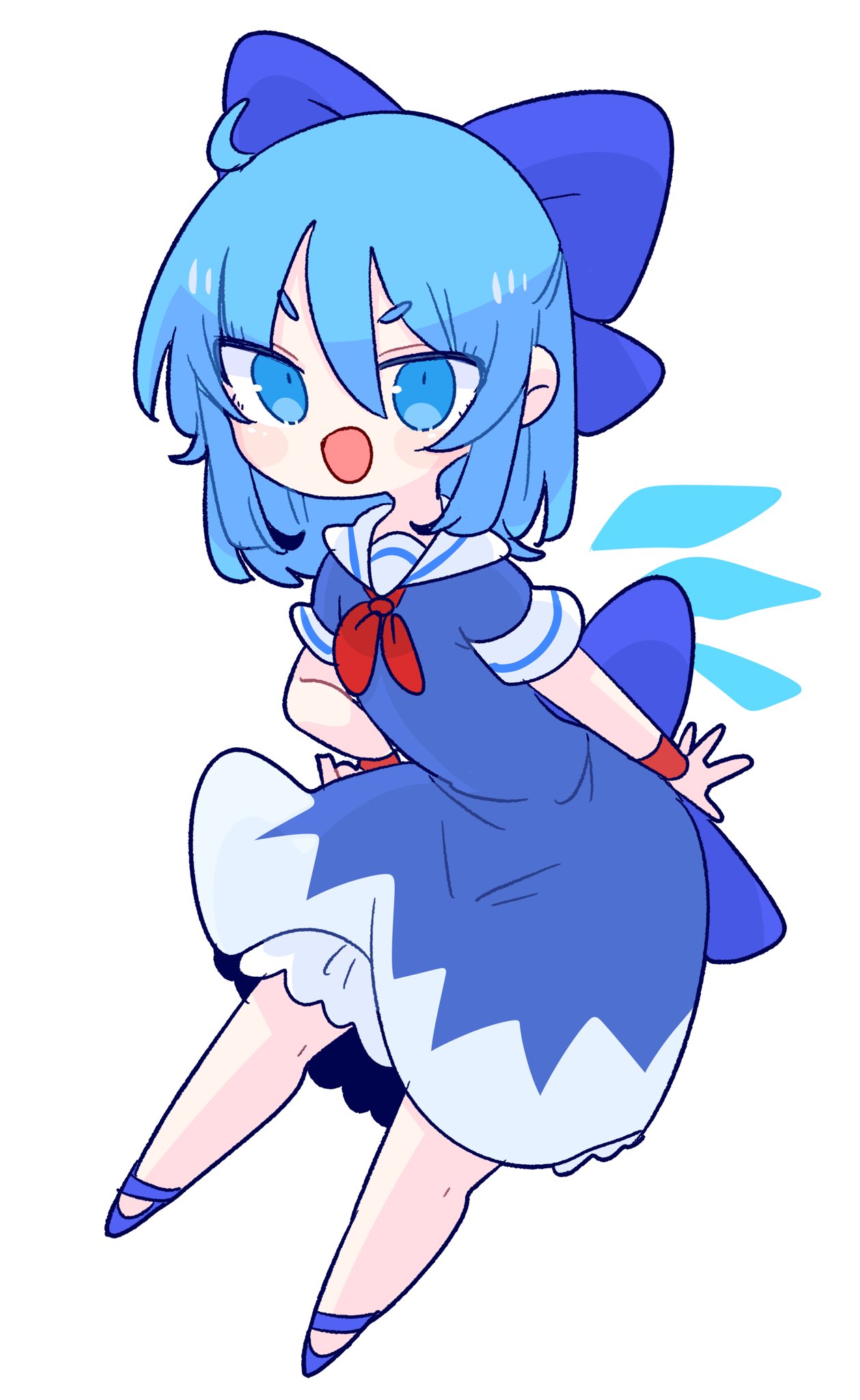 1girl ahoge bangs bare_legs blue_bow blue_dress blue_eyes blue_hair blue_skirt blue_wings bow cirno collared_shirt drawer dress hair_between_eyes hair_bow hand_on_hip highres ice ice_wings legs looking_at_viewer op_na_yarou open_mouth red_ribbon red_wristband ribbon sailor_collar sandals shirt shoes short_hair short_sleeves simple_background skirt smile solo touhou v-shaped_eyebrows white_background wings wristband