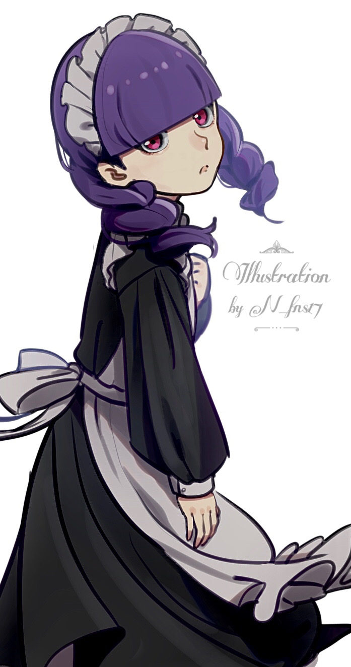 1girl alternate_costume alternate_hairstyle apron bangs black_dress blunt_bangs braid closed_mouth commentary_request dress drill_hair echizen_(n_fns17) enmaided from_side frown highres long_hair long_sleeves looking_at_viewer maid maid_headdress pokemon pokemon_(game) pokemon_masters_ex purple_hair rachel_(pokemon) solo twin_braids twin_drills violet_eyes white_background