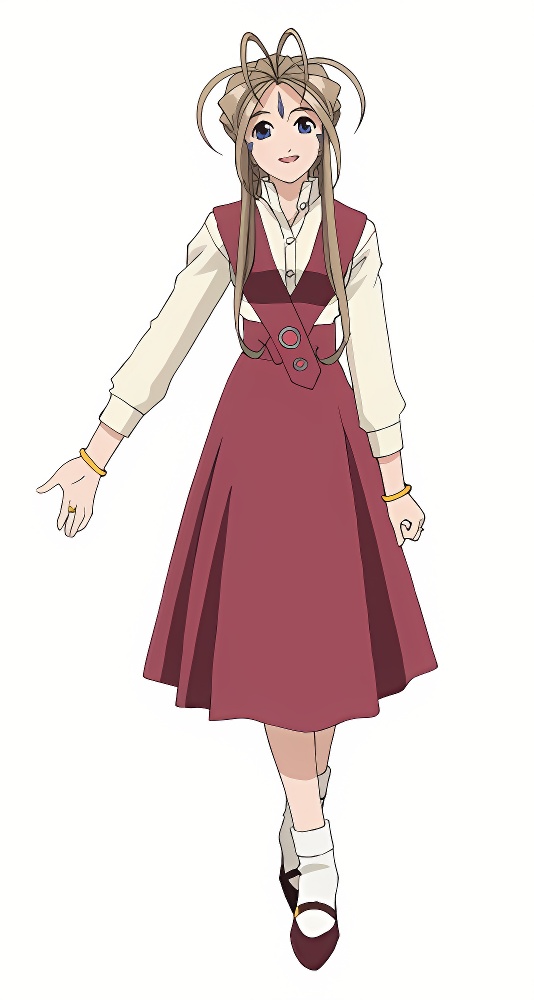 1girl aa_megami-sama antenna_hair bangle bangs belldandy blue_eyes breasts brown_hair buttons dress eyebrows facial_mark facial_markings female flowing_hair footwear forehead_mark goddess hair_between_eyes jewlery legs_crossed looking_at_viewer maroon_dress official_art shirt shoes skirt smiling_at_viewer socks solo standing top white_background white_shirt white_socks woman