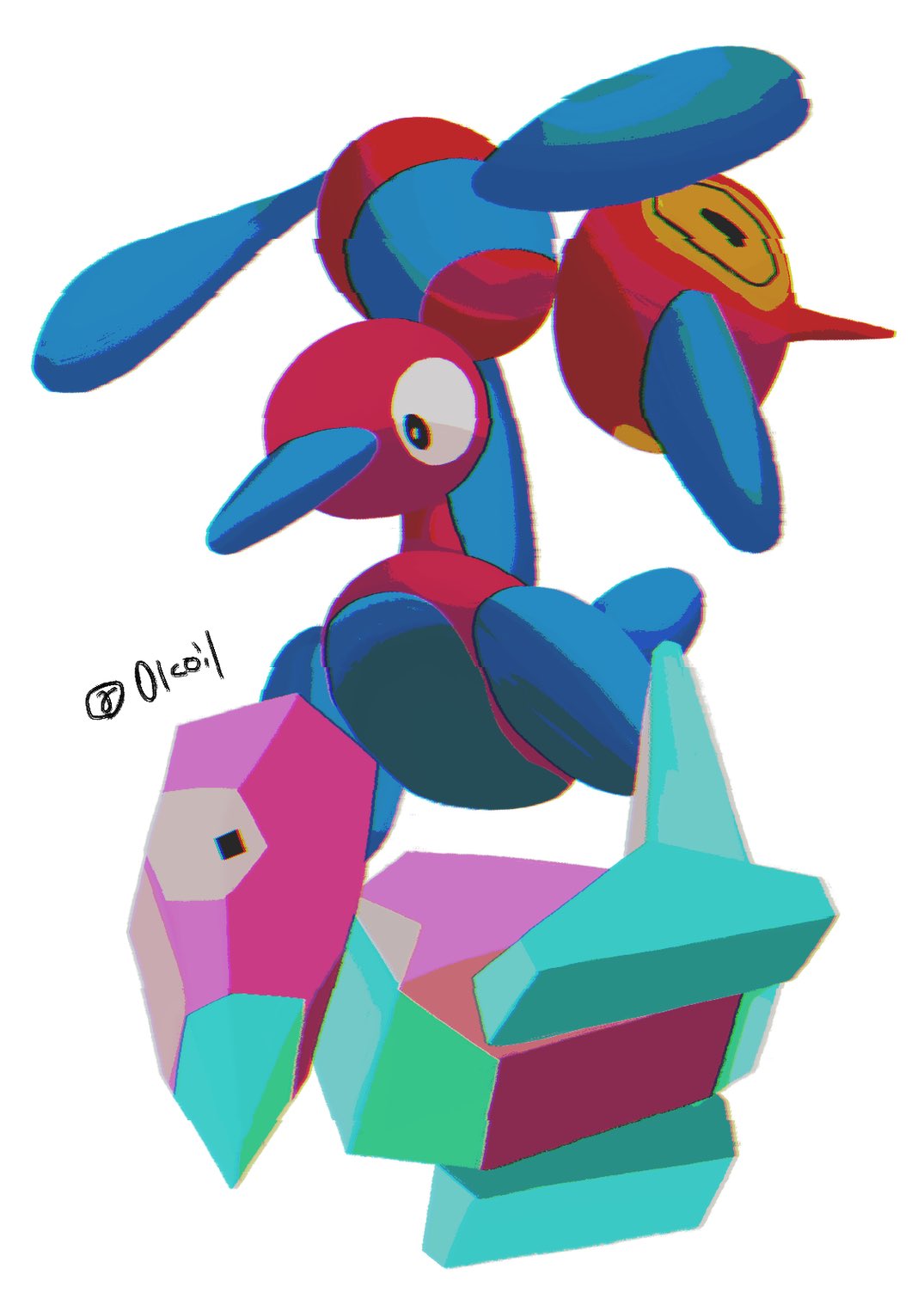 01coil black_eyes bright_pupils chromatic_aberration commentary_request evolutionary_line glitch highres looking_down no_humans pokemon pokemon_(creature) porygon porygon-z porygon2 simple_background twitter_username white_background white_pupils yellow_eyes