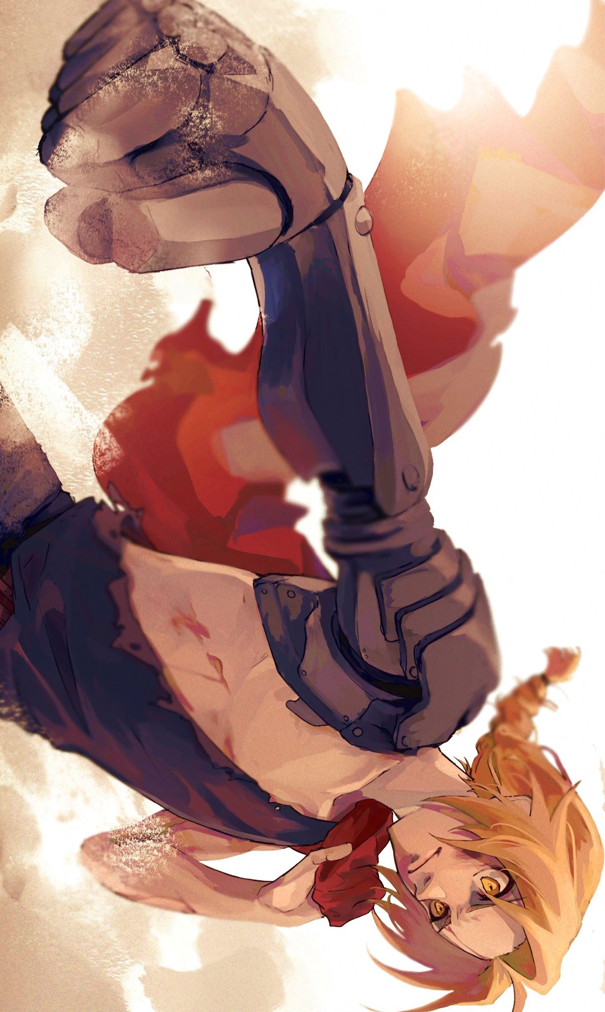 1boy belt blonde_hair blood blood_on_face braid braided_ponytail bruise bruise_on_face clenched_hand closed_mouth clothes collarbone dust dust_cloud edward_elric film_grain fullmetal_alchemist highres holding holding_clothes injury male_focus mechanical_arms oj_0624 ponytail single_mechanical_arm solo torn torn_clothes v-shaped_eyebrows yellow_eyes