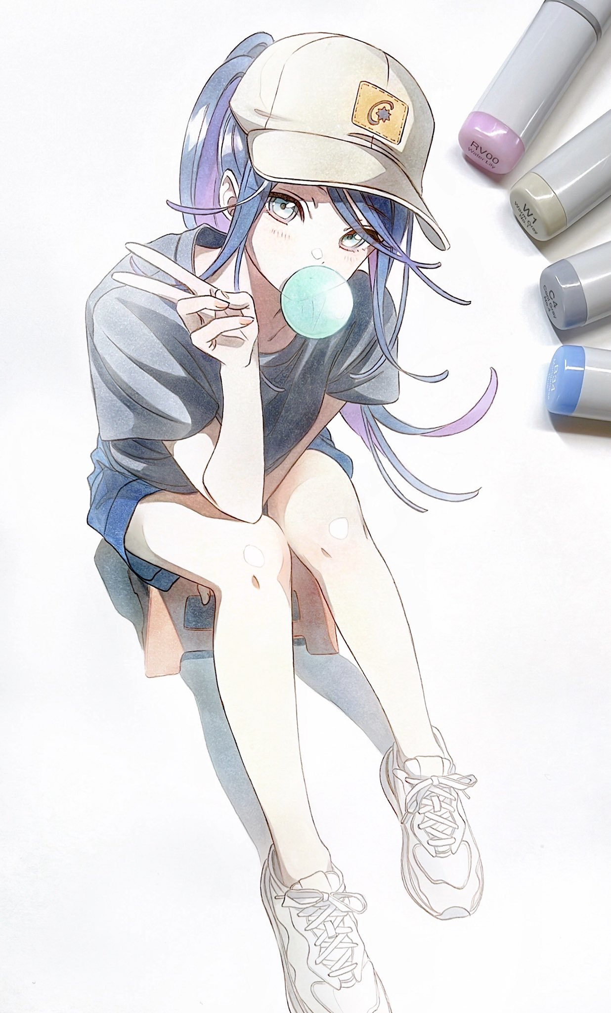 1girl bangs bare_legs baseball_cap bench between_legs black_hair black_shirt breasts chewing_gum collarbone denim denim_shorts dot_nose elbow_on_knee elbow_rest fingernails from_above full_body graphite_(medium) grey_eyes hand_between_legs hand_up hat high_ponytail highres hoshino_ichika_(project_sekai) knees_together_feet_apart light_blush looking_at_viewer looking_up marker_(medium) multicolored_hair on_bench pato_(ptro) photo_(medium) project_sekai purple_hair shade shadow shiny shiny_hair shirt shoes shooting_star short_sleeves shorts simple_background sitting small_breasts sneakers solo star_(symbol) straight_hair streaked_hair swept_bangs t-shirt traditional_media tsurime v white_background yellow_headwear