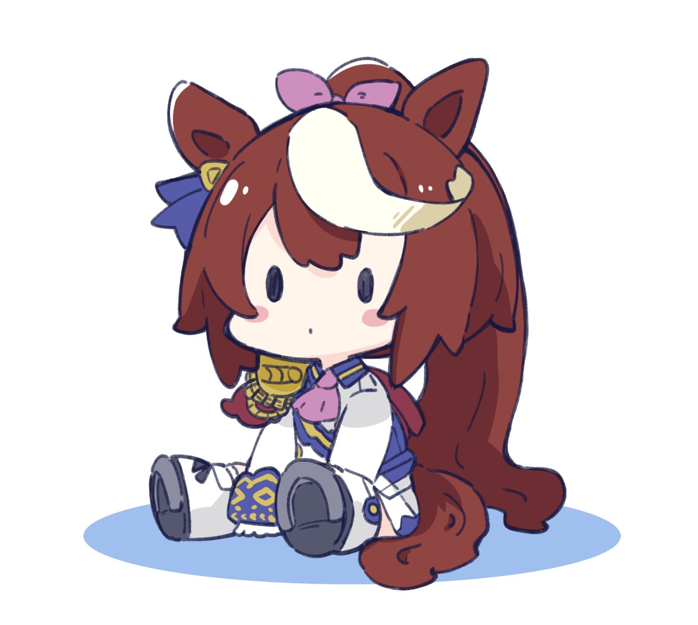 1girl animal_ears ascot between_legs blush_stickers boots brown_hair chibi closed_mouth colored_shadow commentary_request epaulettes full_body gloves hair_ribbon hand_between_legs highres horse_ears horse_girl horse_tail jacket long_hair long_sleeves multicolored_hair nozo_(hitomiz) pink_ascot pink_ribbon pleated_skirt ponytail ribbon shadow simple_background single_epaulette sitting skirt sleeves_past_wrists solid_oval_eyes solo streaked_hair tail tokai_teio_(umamusume) umamusume very_long_hair white_background white_footwear white_gloves white_hair white_jacket white_skirt