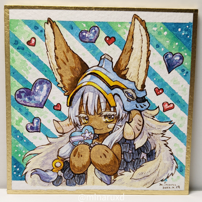 1other :3 animal_ears aqua_background blackcat_(blackcatbox) blue_heart box brown_eyes brown_fur closed_mouth commentary_request dated diagonal_stripes ears_through_headwear furry grey_hair hands_up heart heart-shaped_box helmet holding holding_box holding_heart looking_at_viewer made_in_abyss multiple_sources nanachi_(made_in_abyss) nude other_focus painting_(medium) photo_(medium) shikishi short_hair_with_long_locks signature solo striped striped_background traditional_media twitter_username upper_body valentine watercolor_(medium) watermark whiskers