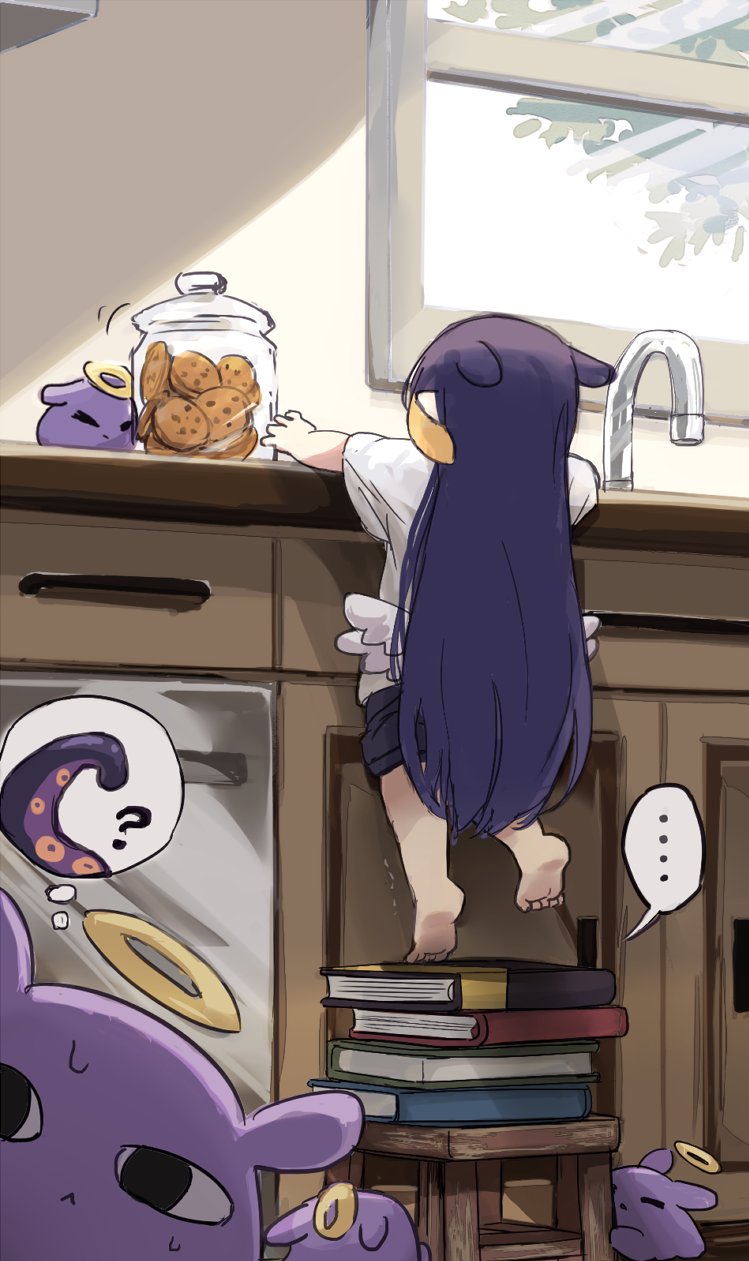 1girl aged_down bangs blunt_bangs book book_stack chocolate_chip_cookie cookie cookie_jar food halo highres hololive hololive_english long_hair low_wings multicolored_hair ninomae_ina'nis orange_hair pointy_ears purple_hair shirt shorts sink t-shirt takodachi_(ninomae_ina'nis) tentacle_hair tentacles virtual_youtuber wings yuuyu_(777)