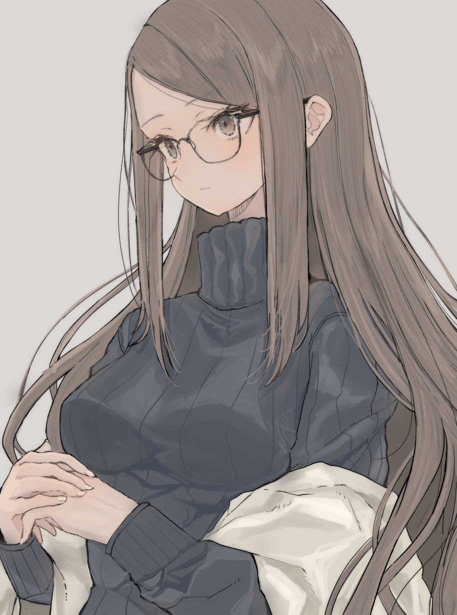 1girl black-framed_eyewear black_sweater blush breasts brown_eyes brown_hair closed_mouth expressionless glasses grey_background hands_up highres hinomaru_(futagun) large_breasts long_hair long_sleeves original simple_background solo sweater turtleneck turtleneck_sweater