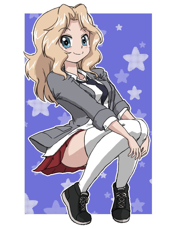 1girl black_footwear blonde_hair blouse blue_eyes closed_mouth collared_shirt cross-laced_footwear floating full_body girls_und_panzer hair_intakes hugging_own_legs jacket kay_(girls_und_panzer) knees_up long_hair looking_at_viewer open_clothes open_jacket outline outside_border saunders_school_uniform school_uniform shirt shoes sleeves_rolled_up smile sneakers solo starry_background takahashi_kurage thigh-highs white_outline white_shirt white_thighhighs