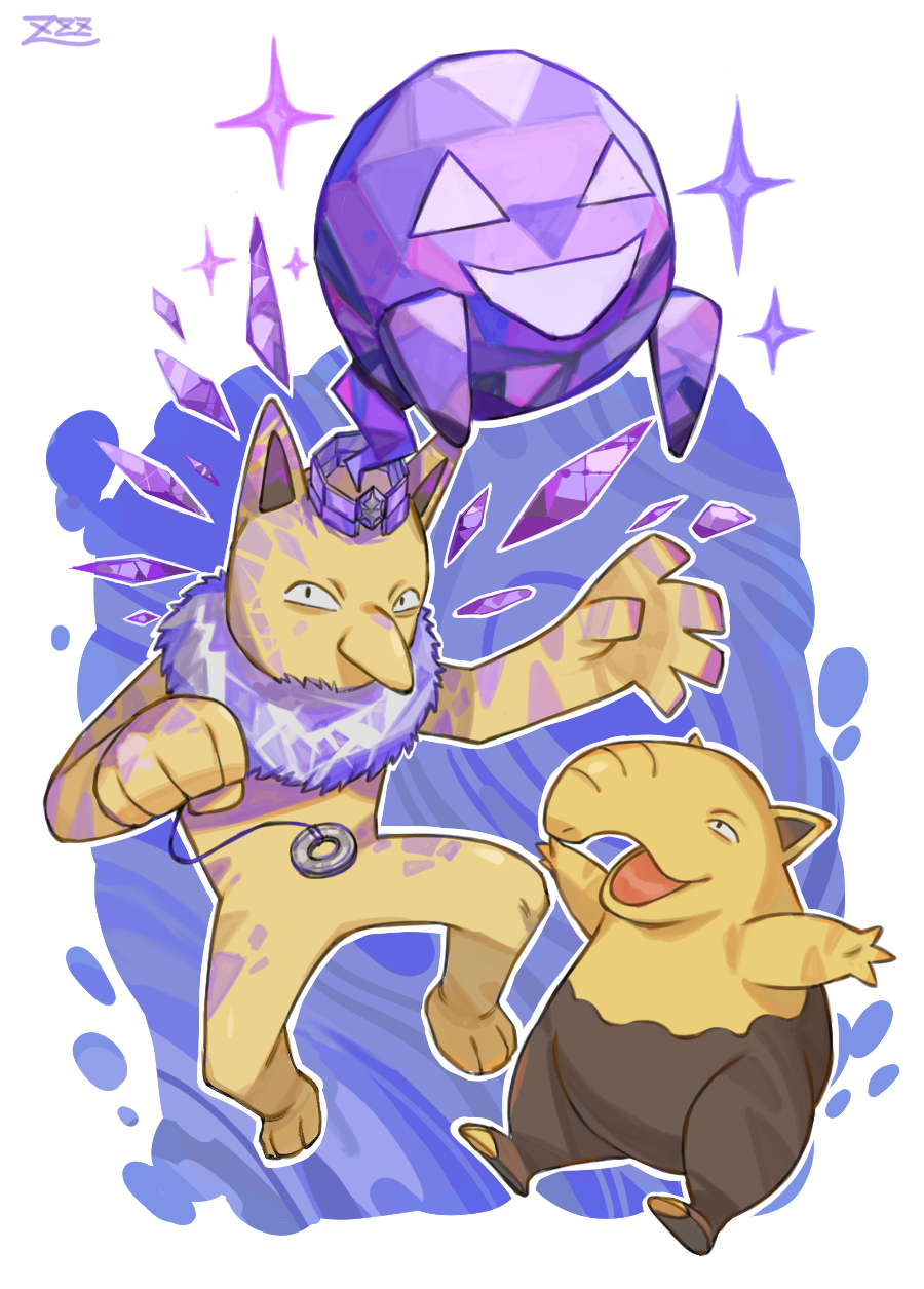 black_eyes commentary_request crown drowzee evolutionary_line highres holding holding_string hypno open_mouth outline outstretched_arms oyasuminjyutsu pendulum pokemon pokemon_(creature) signature string terastal white_background