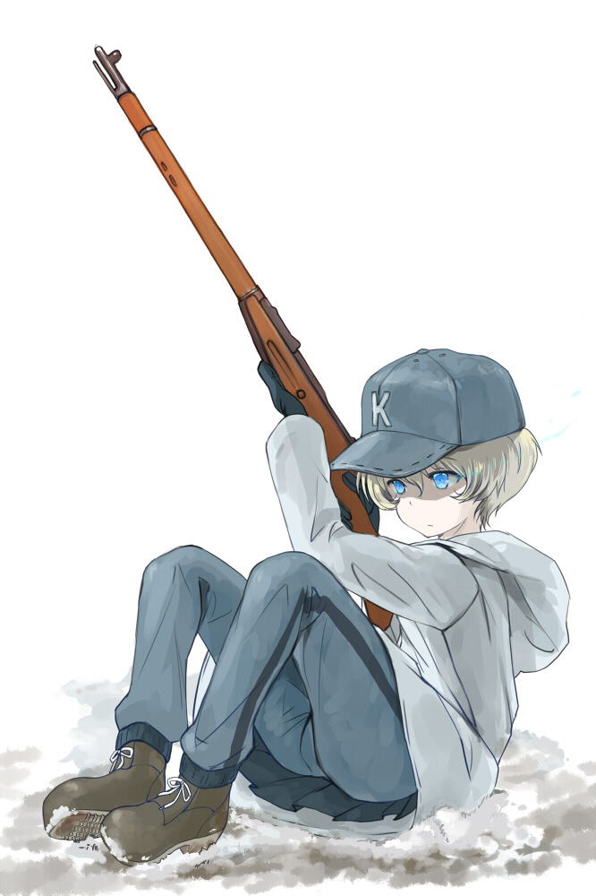 1girl bangs baseball_cap black_footwear black_gloves blue_eyes blue_headwear blue_pants bolt_action boots closed_mouth coat commentary girls_und_panzer gloves grey_hair gun hat holding holding_gun holding_weapon hooded_coat jacket keizoku_military_uniform leaning_back light_frown looking_to_the_side military military_uniform pants pants_under_skirt rifle short_hair single_vertical_stripe sitting snow solo track_jacket track_pants track_suit uniform weapon white_background white_coat youko_(girls_und_panzer) yurikuta_tsukumi