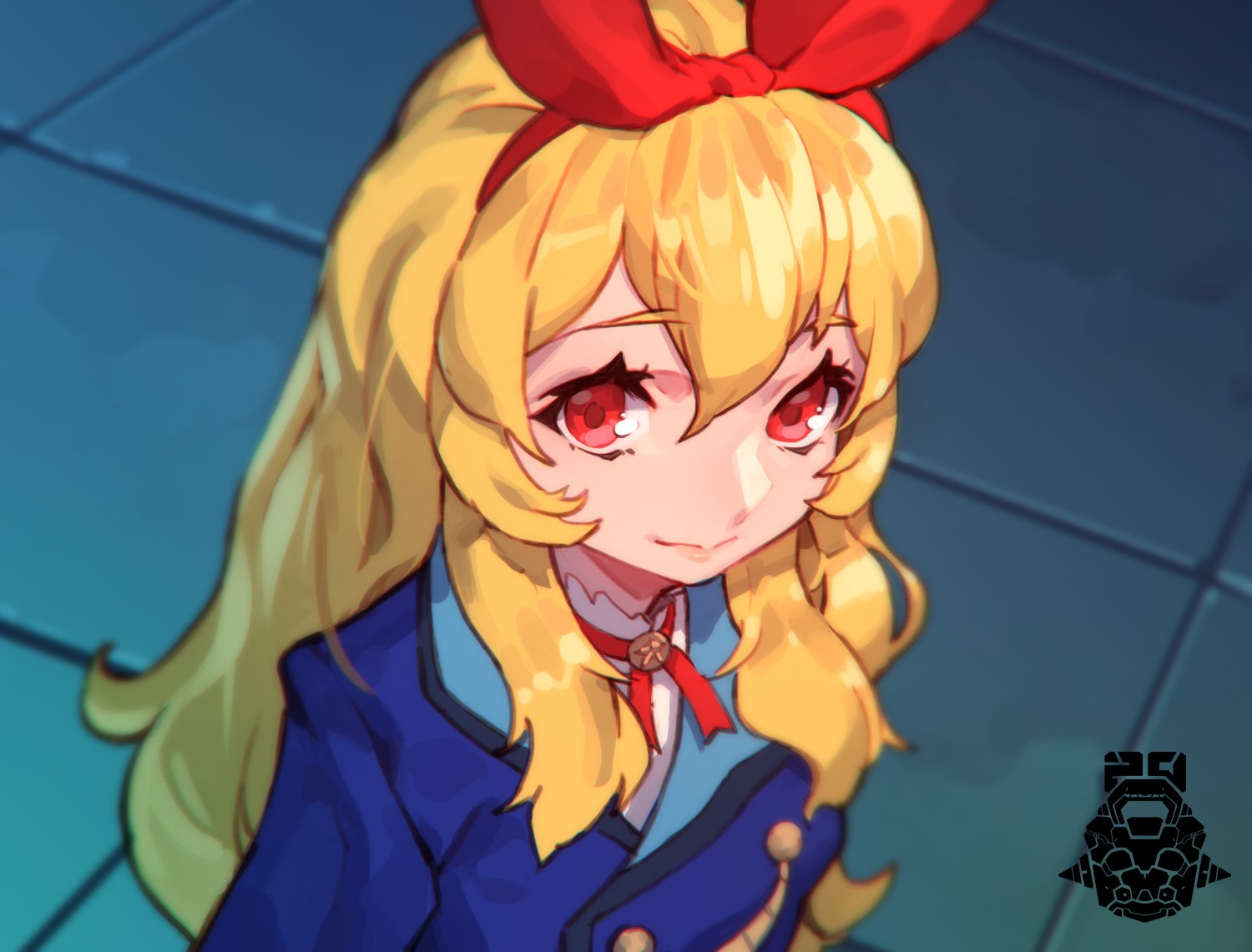 1girl blonde_hair bow closed_mouth copyright_request eyelashes hair_between_eyes hair_bow long_hair looking_at_viewer mar10 meme red_bow red_eyes red_ribbon ribbon sailor_moon_redraw_challenge_(meme) signature smile solo tile_floor tiles upper_body