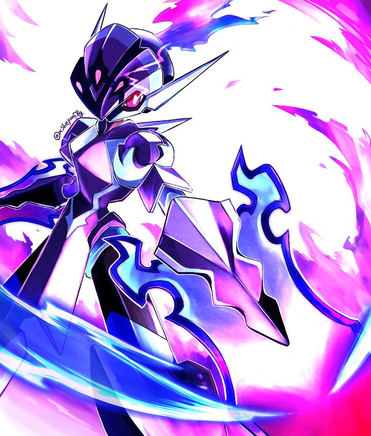 blade bright_pupils ceruledge commentary_request eye_trail fire legs_apart light_trail mochopaccho no_humans pokemon pokemon_(creature) purple_fire solo twitter_username violet_eyes white_background white_pupils