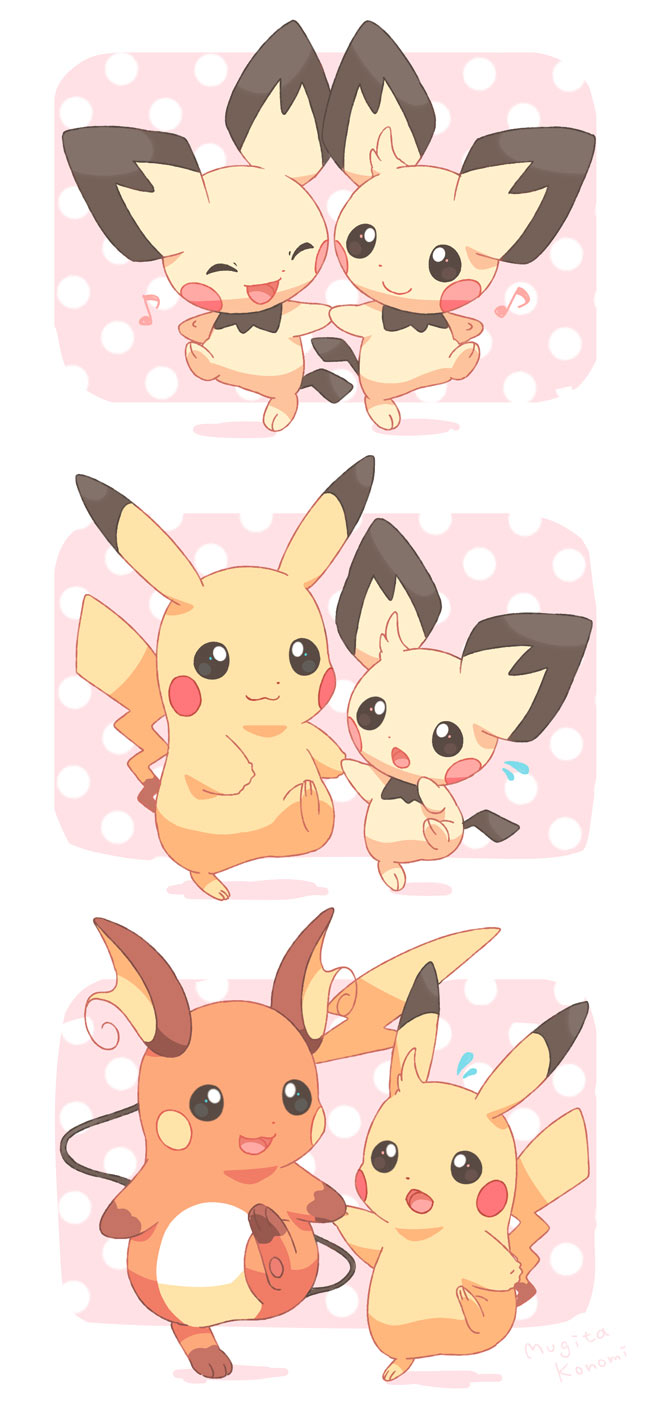 :3 :d black_eyes closed_eyes closed_mouth commentary_request flying_sweatdrops hair_tuft highres holding_hands jippe leg_up musical_note no_humans open_mouth pichu pikachu pokemon pokemon_(creature) raichu smile tongue