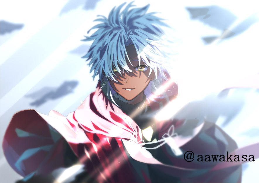 1boy amakusa_shirou_(fate) bangs bird brown_eyes cape commentary_request dark-skinned_male dark_skin fate/apocrypha fate/grand_order fate_(series) light_particles light_rays looking_at_viewer male_focus parted_bangs priest red_cape ryuuki_(hydrangea) short_hair smile solo stole tassel teeth twitter_username upper_body white_hair