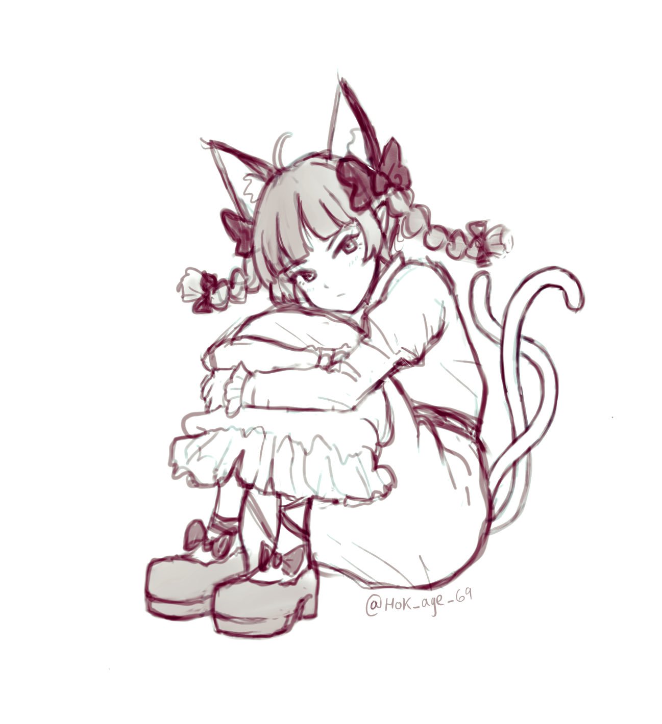 1girl animal_ears bow braid cat_ears cat_tail dress glaring highres hok_age_69 kaenbyou_rin knees_to_chest knees_up multiple_tails nekomata redhead sketch solo tail touhou twin_braids two_tails