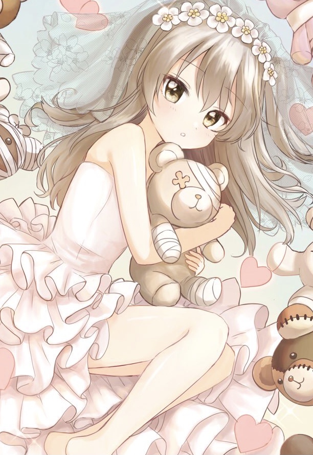 1girl bandages bangs barefoot black_ribbon boko_(girls_und_panzer) bridal_veil brown_eyes dress fetal_position from_above girls_und_panzer head_wreath heart holding holding_stuffed_toy layered_dress light_brown_hair long_hair looking_at_viewer lying medium_dress on_side one_side_up parted_lips ribbon shimada_arisu solo strapless strapless_dress stuffed_animal stuffed_toy teddy_bear veil wedding_dress white_dress yaminabe_(szhal14)