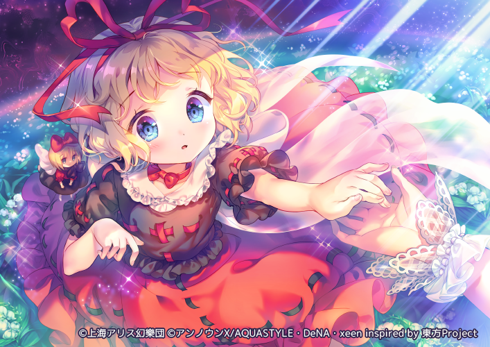 1girl amo_(shibu3) black_shirt blonde_hair blue_eyes blush collarbone doll flower frilled_skirt frilled_sleeves frills hair_ribbon lily_of_the_valley medicine_melancholy official_art parted_lips red_ribbon red_skirt ribbon shirt short_hair short_sleeves skirt solo_focus su-san touhou touhou_danmaku_kagura white_flower