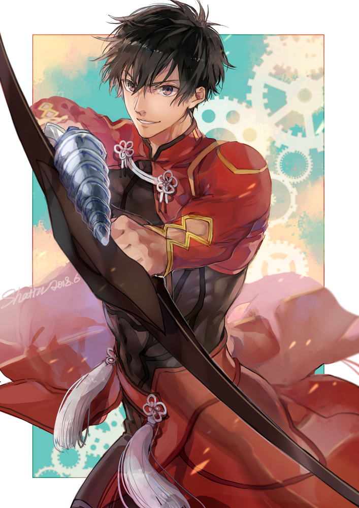 1boy arash_(fate) archer_(fate) archer_(fate)_(cosplay) armor artist_name bangs black_armor black_eyes black_hair black_pants bow_(weapon) caladbolg_(fate) chinese_commentary cosplay cowboy_shot dark-skinned_male dark_skin dated fate/grand_order fate/prototype fate/prototype:_fragments_of_blue_and_silver fate/stay_night fate_(series) fighting_stance gears gold_trim hair_between_eyes holding holding_bow_(weapon) holding_weapon long_sleeves looking_at_viewer male_focus pants ready_to_draw shatin_(pomelomcp) short_hair smile solo tassel teeth unlimited_blade_works_(fate) weapon