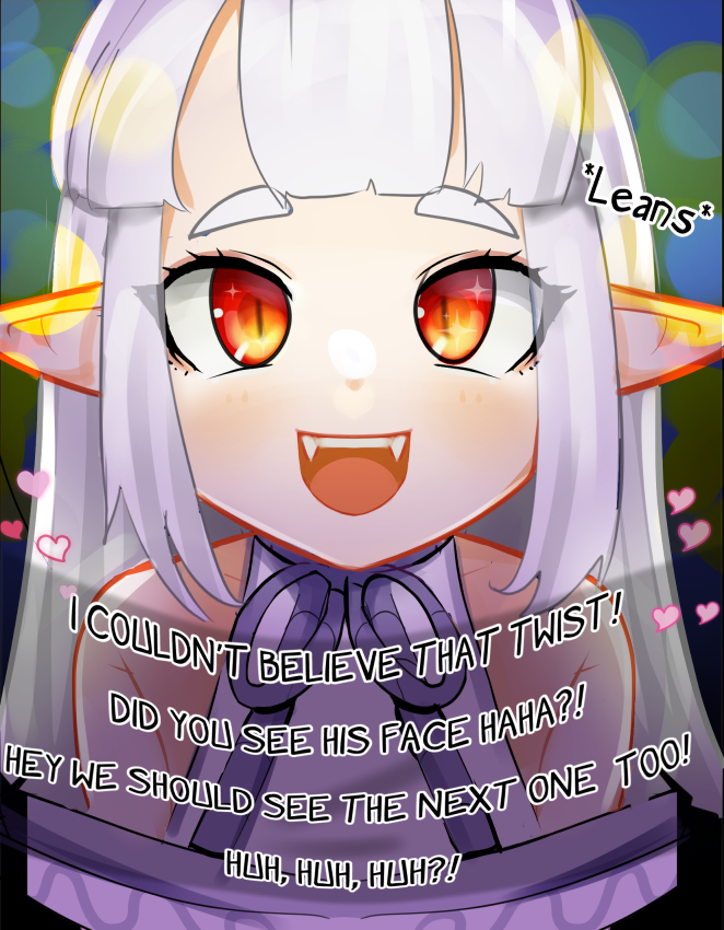 1girl :d bangs bare_shoulders english_text fangs heart jeffodraws long_hair looking_at_viewer monster_girl monster_girl_encyclopedia open_mouth pointy_ears red_eyes shirohebi_(monster_girl_encyclopedia) sidelocks slit_pupils smile solo white_hair