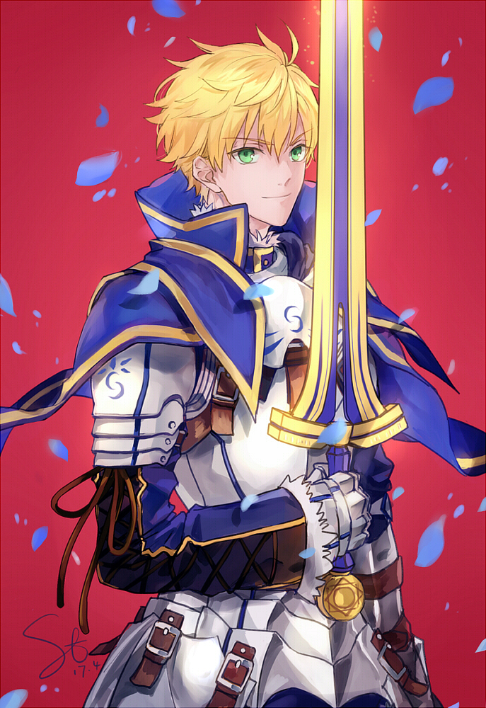 1boy ahoge armor arthur_pendragon_(fate) bangs blonde_hair blue_cape blue_footwear breastplate cape closed_mouth commentary_request dated excalibur_(fate/prototype) falling_petals fate/grand_order fate/prototype fate/prototype:_fragments_of_blue_and_silver fate_(series) faulds flower fur-trimmed_collar fur-trimmed_sleeves fur_trim gauntlets gold_trim green_eyes holding holding_sword holding_weapon long_sleeves looking_at_viewer male_focus pauldrons petals red_background shatin_(pomelomcp) short_hair shoulder_armor signature simple_background smile solo sword upper_body weapon