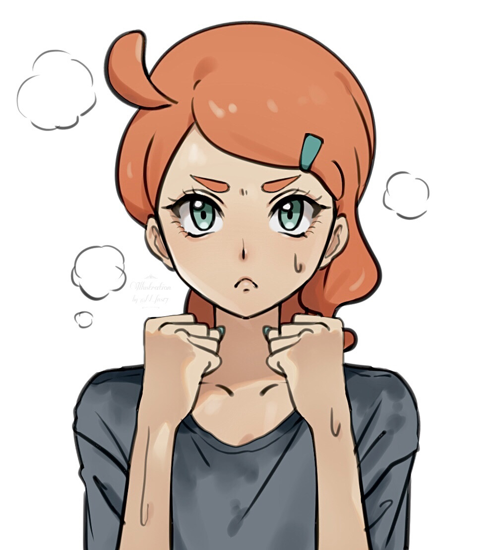 1girl closed_mouth commentary_request echizen_(n_fns17) eyelashes frown green_eyes green_nails grey_shirt hair_ornament hairclip hands_up long_hair looking_at_viewer nail_polish orange_hair pokemon pokemon_(game) pokemon_swsh shirt simple_background solo sonia_(pokemon) steam sweat upper_body white_background