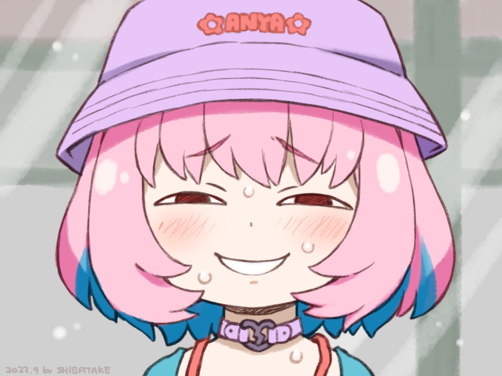 1girl artist_name bangs blue_hair blush bob_cut bucket_hat choker colored_inner_hair dated dot_nose forced_smile furrowed_brow half-closed_eyes hat heart_o-ring idolmaster idolmaster_cinderella_girls idolmaster_cinderella_girls_starlight_stage looking_at_viewer multicolored_hair o-ring o-ring_choker parody pink_hair portrait purple_choker purple_headwear shigatake solo sweat sweatdrop two-tone_hair yumemi_riamu