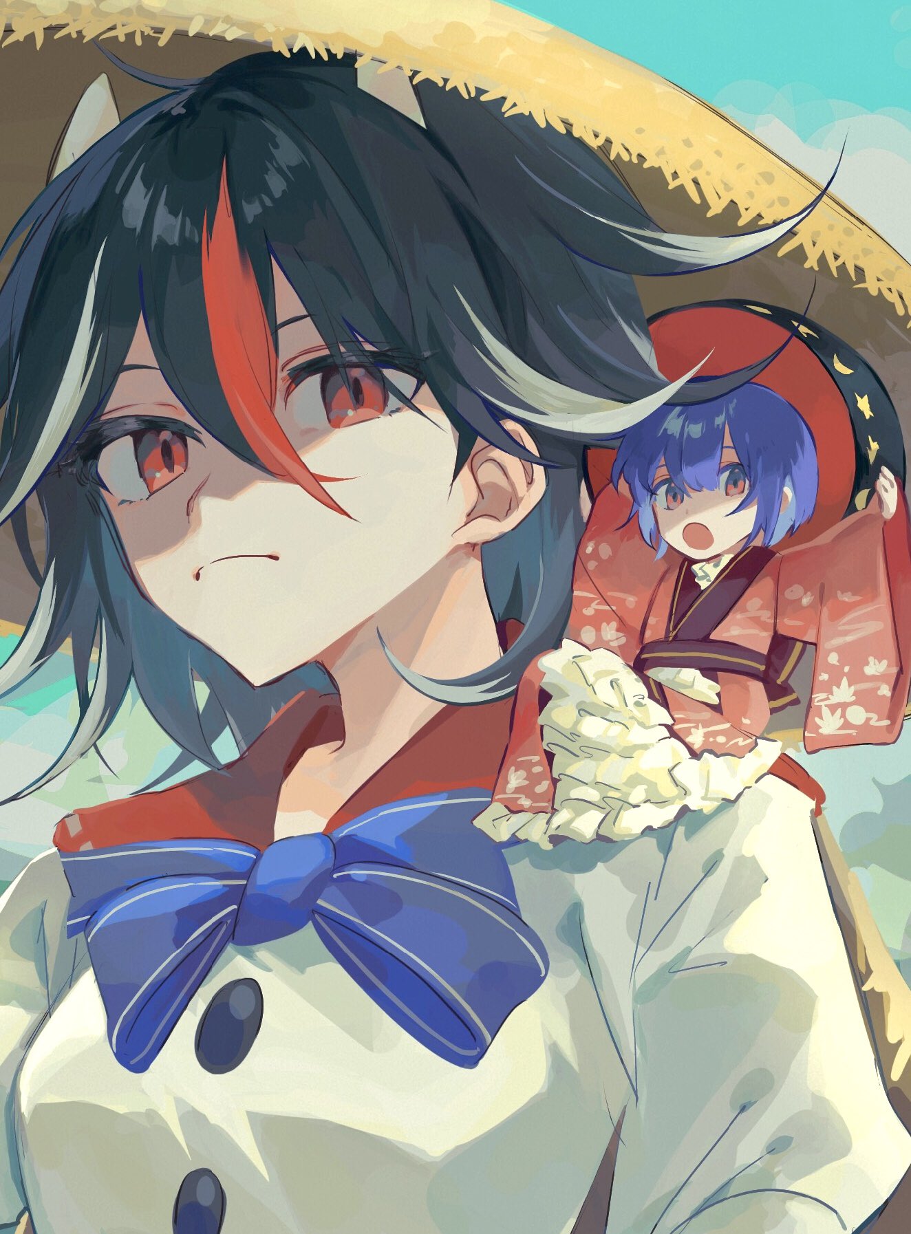 2girls :o bangs black_hair blue_bow blue_bowtie blue_hair blue_sky bow bowl bowl_hat bowtie closed_mouth commentary frilled_kimono frills hands_on_headwear hat highres horns japanese_clothes kijin_seija kimono long_sleeves looking_at_viewer minigirl multicolored_hair multiple_girls open_mouth red_eyes red_kimono redhead shirt short_hair sitting_on_shoulder sky split_mouth straw_hat streaked_hair sukuna_shinmyoumaru touhou upper_body white_hair white_shirt wide_sleeves yanfei_u