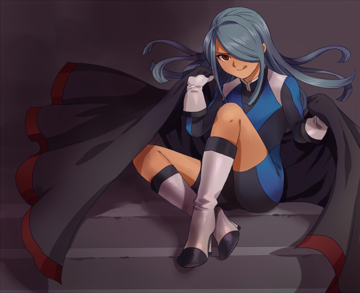 blue_hair bodysuit boots cape hair_over_one_eye high_heels inazuma_eleven kazemaru_ichirouta long_hair sitting trap